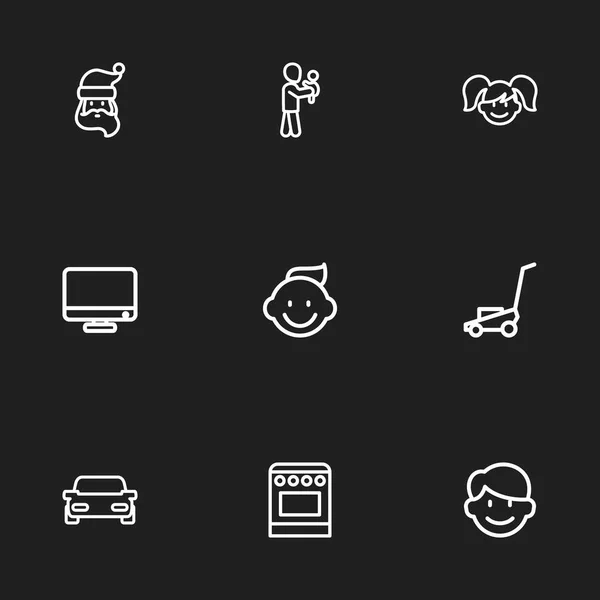 Set van 9 bewerkbare familieleden iconen. Bevat symbolen zoals Monitor, Baby, gras snijmachine en meer. Kan worden gebruikt voor Web, Mobile, Ui en Infographic Design. — Stockvector