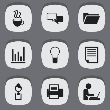 9 düzenlenebilir Office simgeler kümesi. Fincan çay, baskı makinesi, ışık ve daha fazla gibi simgeler içerir. Web, mobil, UI ve Infographic tasarımı için kullanılabilir.