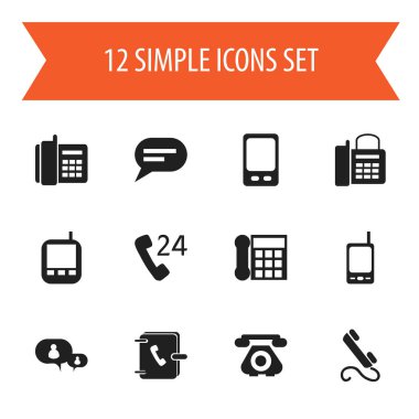 12 düzenlenebilir Gadget simgeler kümesi. Office telefon, ev cep telefonu, yorum ve daha fazlası gibi simgeler içerir. Web, mobil, UI ve Infographic tasarımı için kullanılabilir.