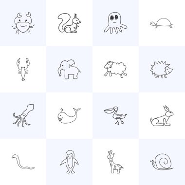 16 düzenlenebilir zooloji simgeler kümesi. Sülük, kalamar, ıstakoz ve daha fazlası gibi simgeler içerir. Web, mobil, UI ve Infographic tasarımı için kullanılabilir.