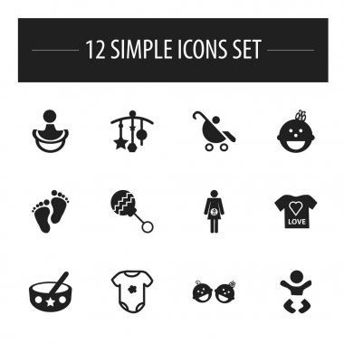 12 düzenlenebilir çocuk simgeler kümesi. Meme ucu, gebelik, ikiz bebekler ve daha fazlası gibi simgeler içerir. Web, mobil, UI ve Infographic tasarımı için kullanılabilir.