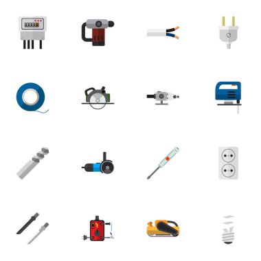 16 düzenlenebilir aletleri simgeler kümesi. Turn-vida, kum püskürtme, Fretsaw gibi simgeler içerir. Web, mobil, UI ve Infographic tasarımı için kullanılabilir.
