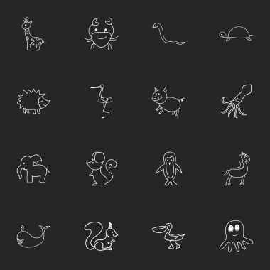 16 düzenlenebilir hayvan simgeler kümesi. Kanser, kalamar ve uzun boylu hayvan gibi simgeler içerir. Web, mobil, UI ve Infographic tasarımı için kullanılabilir.