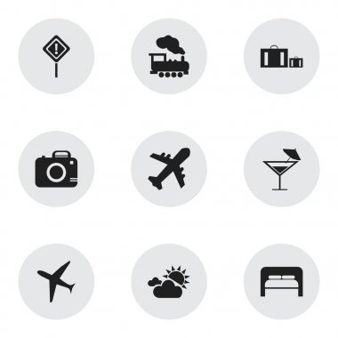 9 düzenlenebilir seyahat simgeler kümesi. Kokteyl, buhar motorları ve uyku gibi simgeler içerir. Web, mobil, UI ve Infographic tasarımı için kullanılabilir.