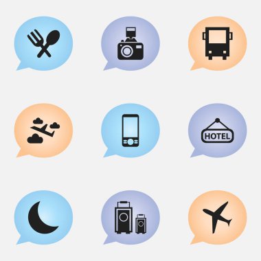 9 düzenlenebilir seyahat simgeler kümesi. Çatal bıçak takımı, hilal, Bagaj ve daha fazlası gibi simgeler içerir. Web, mobil, UI ve Infographic tasarımı için kullanılabilir.