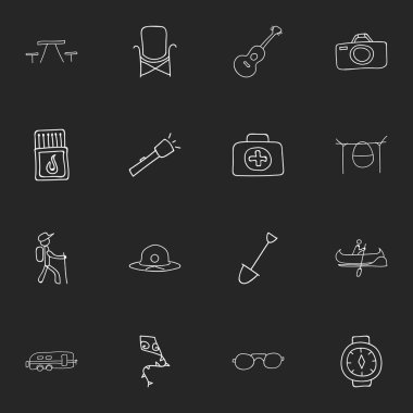 16 düzenlenebilir gezi simgeler kümesi. Plaj şapka, Camper, uçan oyuncak ve daha fazla gibi simgeler içerir. Web, mobil, UI ve Infographic tasarımı için kullanılabilir.