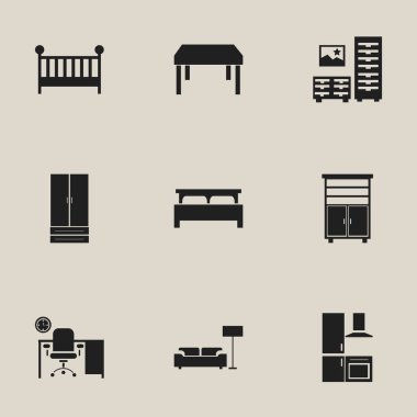 9 düzenlenebilir mobilyalar simgeler kümesi. Çocuk karyolası, lamba, soyunma ve daha fazlası gibi simgeler içerir. Web, mobil, UI ve Infographic tasarımı için kullanılabilir.