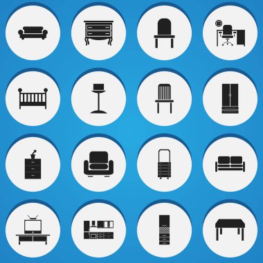 16 düzenlenebilir iç simgeler kümesi. Divan, mobilya, duvar ayna ve daha fazla yemek gibi simgeler içerir. Web, mobil, UI ve Infographic tasarımı için kullanılabilir.