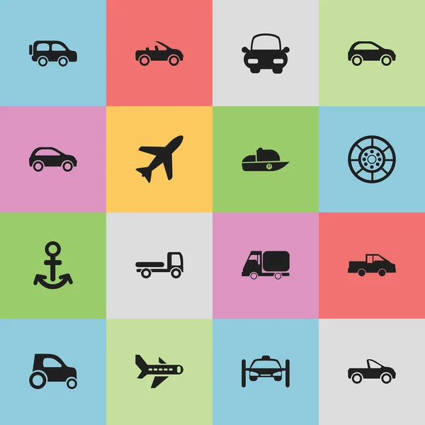 Satz von 16 editierbaren Transport-Symbolen. beinhaltet Symbole wie Fließheck, Waschauto, Rad und mehr. kann für Web-, Mobil-, UI- und Infografik-Design verwendet werden. — Stockvektor