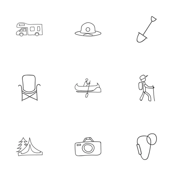 Zestaw 9 ikon można edytować podróży. Zawiera symbole, takie jak karawana, turysta, łopata i więcej. Mogą być używane dla sieci Web, mobilnych, interfejsu użytkownika i Infographic Design. — Wektor stockowy
