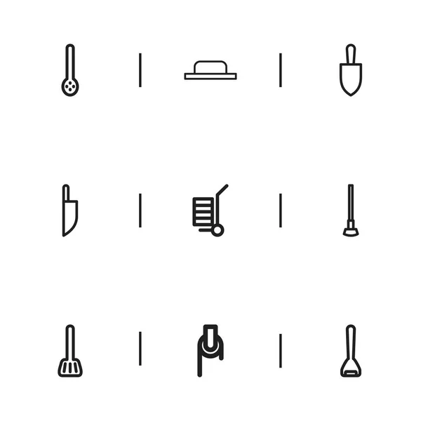 Set di 9 icone degli strumenti modificabili. Include simboli come taglierina di vetro, strumento, argano e altro ancora. Può essere utilizzato per la progettazione web, mobile, UI e infografica . — Vettoriale Stock