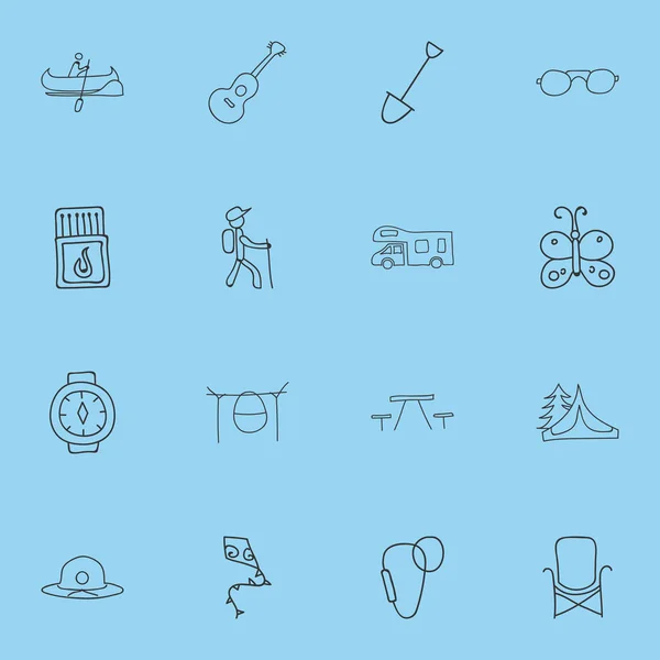 Set van 16 bewerkbare Camping iconen. Bevat symbolen zoals Picnic, speelgoed, brandbare Stick en meer vliegen. Kan worden gebruikt voor Web, Mobile, Ui en Infographic Design. — Stockvector