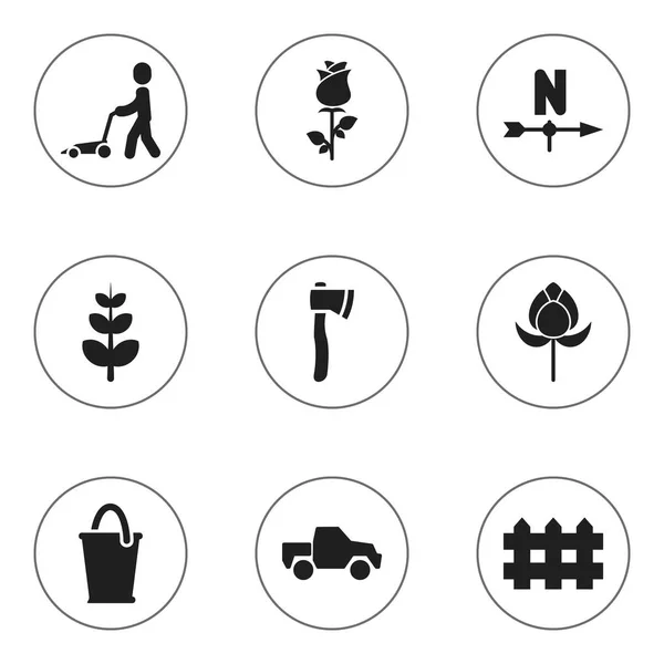 Set de 9 iconos de jardinería editables. Incluye símbolos como furgoneta, barrera de madera, cubo y más. Puede ser utilizado para el diseño de la tela, móvil, interfaz de usuario e infografía . — Archivo Imágenes Vectoriales