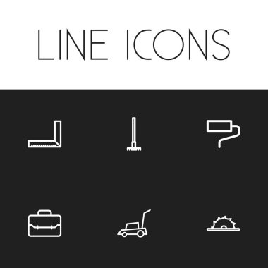 6 düzenlenebilir enstrüman simgeler kümesi. Portföy, ölçüm, çim biçme makinesi ve daha fazlası gibi simgeler içerir. Web, mobil, UI ve Infographic tasarımı için kullanılabilir.