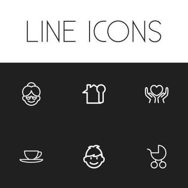 6 düzenlenebilir millet simgeler kümesi. Büyükanne, kalp el, bir anahtar gibi simgeleri içerir. Web, mobil, UI ve Infographic tasarımı için kullanılabilir.