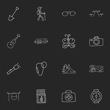 16 düzenlenebilir gezi simgeler kümesi. Kol saati, kamp House, yanıcı sopa ve daha fazlası gibi simgeler içerir. Web, mobil, UI ve Infographic tasarımı için kullanılabilir.