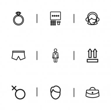 9 düzenlenebilir alışveriş simgeler kümesi. Kadın çantası, operatör, erkekler yüz ve daha fazla gibi simgeler içerir. Web, mobil, UI ve Infographic tasarımı için kullanılabilir.