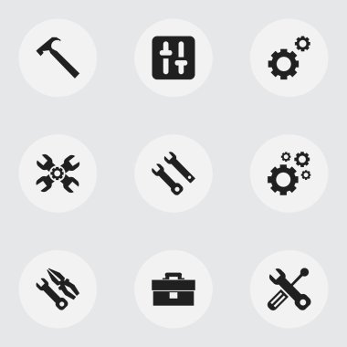 9 düzenlenebilir mekanik simgeler kümesi. Ekolayzır, Portföy, teknik destek ve daha fazlası gibi simgeler içerir. Web, mobil, UI ve Infographic tasarımı için kullanılabilir.