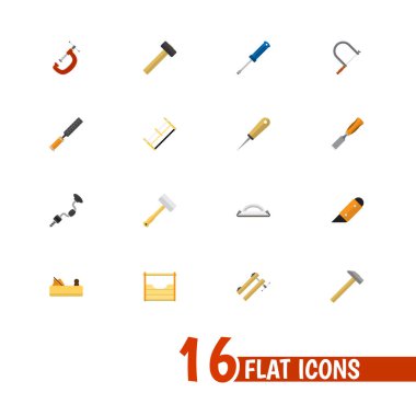 16 düzenlenebilir araçları simgeler kümesi. Testere, çekiç, aletleri gibi simgeler içerir. Web, mobil, UI ve Infographic tasarımı için kullanılabilir.