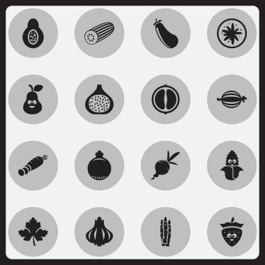 16 düzenlenebilir gıda simgeler kümesi. Şalgam, çilek ve Papaya gibi simgeler içerir. Web, mobil, UI ve Infographic tasarımı için kullanılabilir.