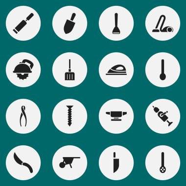 16 düzenlenebilir araçları simgeler kümesi. Çakın, demirci, çekçek gibi simgeler içerir. Web, mobil, UI ve Infographic tasarımı için kullanılabilir.