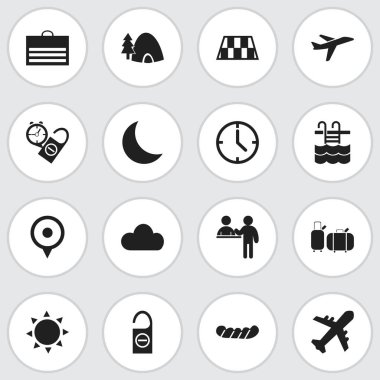 16 düzenlenebilir yolculuk simgeler kümesi. Domuz sucuğu, bavul, uçak ve daha fazlası gibi simgeler içerir. Web, mobil, UI ve Infographic tasarımı için kullanılabilir.