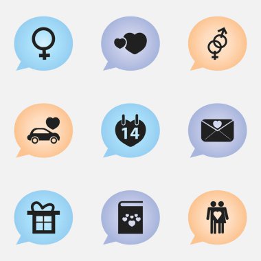 9 düzenlenebilir aşk simgeler kümesi. Çift, hediye, kadın sembolü ve daha fazlası gibi simgeler içerir. Web, mobil, UI ve Infographic tasarımı için kullanılabilir.