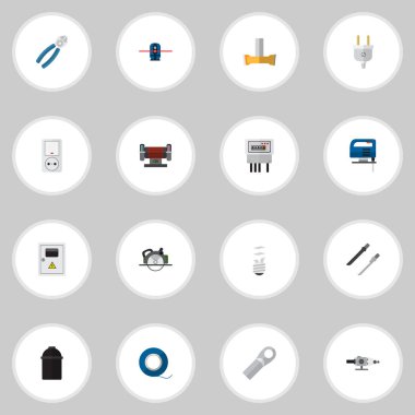 16 düzenlenebilir aletleri simgeler kümesi. Outlet, Jack, testere ve daha fazlası gibi simgeler içerir. Web, mobil, UI ve Infographic tasarımı için kullanılabilir.