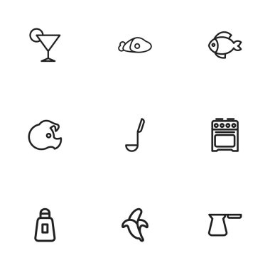9 düzenlenebilir Cook simgeler kümesi. Balık, muz, biftek ve daha fazlası gibi simgeler içerir. Web, mobil, UI ve Infographic tasarımı için kullanılabilir.