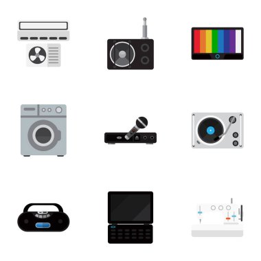 9 düzenlenebilir teknoloji simgeler kümesi. Mikrofon, dikiş makinesi, kaset çalar ve daha fazlası gibi simgeler içerir. Web, mobil, UI ve Infographic tasarımı için kullanılabilir.