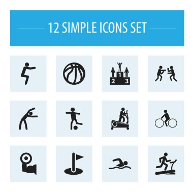 12 düzenlenebilir spor simgeler kümesi. Rekabet, öğretim erkek, ağır eğitim ve daha fazlası gibi simgeler içerir. Web, mobil, UI ve Infographic tasarımı için kullanılabilir.