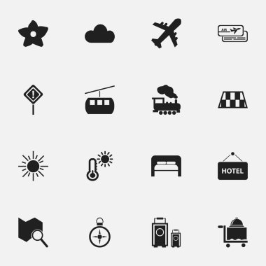 16 düzenlenebilir tatil simgeler kümesi. Bariyer, uçak, Oda Servisi ve daha fazlası gibi simgeler içerir. Web, mobil, UI ve Infographic tasarımı için kullanılabilir.