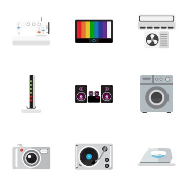 9 düzenlenebilir teknik simgeler kümesi. Çamaşırhanede, cihaz, kamera ve daha fazlası gibi simgeler içerir. Web, mobil, UI ve Infographic tasarımı için kullanılabilir.