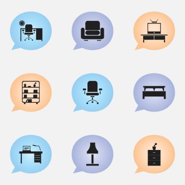 9 düzenlenebilir mobilyalar simgeler kümesi. Kitaplık, ergonomik koltuk, Tv ve daha fazlası gibi simgeler içerir. Web, mobil, UI ve Infographic tasarımı için kullanılabilir.
