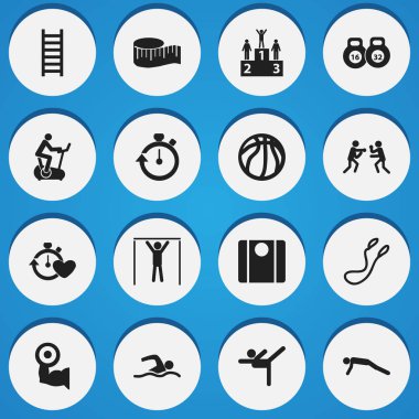 16 düzenlenebilir spor simgeler kümesi. Beden eğitimi, bez cetvel, eğitim havuzu ve daha fazlası gibi simgeler içerir. Web, mobil, UI ve Infographic tasarımı için kullanılabilir.