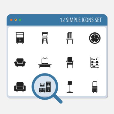 12 düzenlenebilir iç simgeler kümesi. Soyunma, RECLINER, duvar ayna ve daha fazlası gibi simgeler içerir. Web, mobil, UI ve Infographic tasarımı için kullanılabilir.