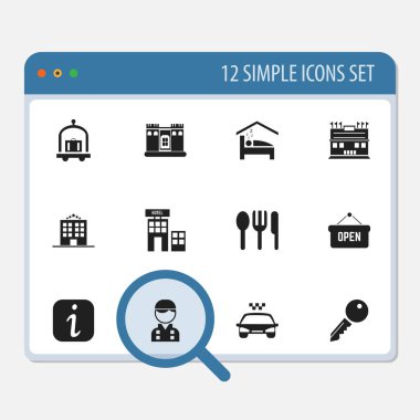 12 düzenlenebilir Plaza simgeler kümesi. Erişim ve daha fazla bilgi işareti, Restoran, engelini kaldırmak gibi simgeleri içerir. Web, mobil, UI ve Infographic tasarımı için kullanılabilir.