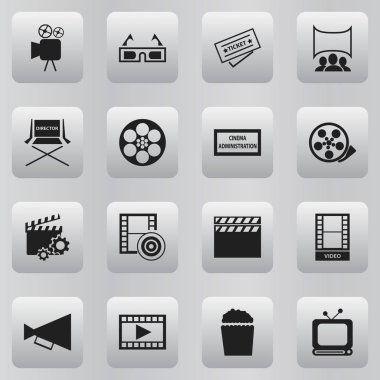 16 düzenlenebilir film simgeler kümesi. Gösteri, sinema Snack, Klaket ve daha fazlası gibi simgeler içerir. Web, mobil, UI ve Infographic tasarımı için kullanılabilir.