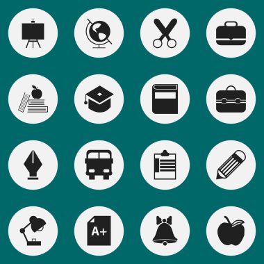 16 düzenlenebilir okul simgeler kümesi. Portföy, NIB, ressamlar Stand gibi simgeleri içerir. Web, mobil, UI ve Infographic tasarımı için kullanılabilir.