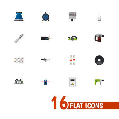 16 düzenlenebilir elektriksel simgeler kümesi. Değirmeni, testere, matkap ve daha fazlası gibi simgeler içerir. Web, mobil, UI ve Infographic tasarımı için kullanılabilir.