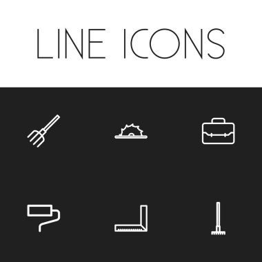 6 düzenlenebilir ekipman simgeler kümesi. Harrow, ölçüm, fırça ve daha fazlası gibi simgeler içerir. Web, mobil, UI ve Infographic tasarımı için kullanılabilir.