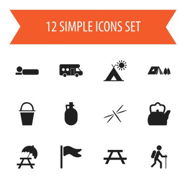 12 düzenlenebilir seyahat simgeler kümesi. Sırt yatağı, su ısıtıcısı, karavan ve daha fazlası gibi simgeler içerir. Web, mobil, UI ve Infographic tasarımı için kullanılabilir.