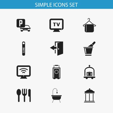 12 düzenlenebilir Hotel simgeler kümesi. Monitör, otomatik Stand, kapı kapalı gibi simgeleri içerir. Web, mobil, UI ve Infographic tasarımı için kullanılabilir.