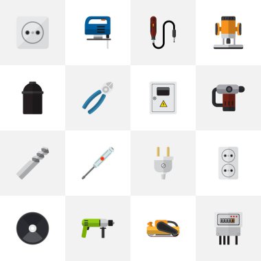 16 düzenlenebilir aletleri simgeler kümesi. Matkap, soket, çıkış ve daha fazlası gibi simgeler içerir. Web, mobil, UI ve Infographic tasarımı için kullanılabilir.