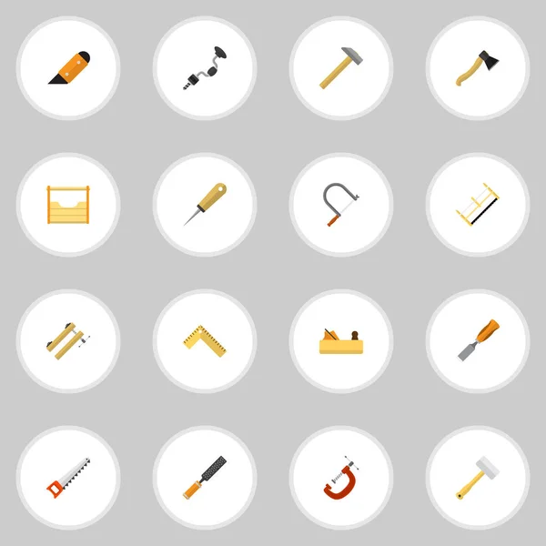 Conjunto de 16 iconos de instrumentos editables. Incluye símbolos tales como Bit, sierra de mano, Bodkin. Puede ser utilizado para el diseño de la tela, móvil, interfaz de usuario e infografía . — Archivo Imágenes Vectoriales