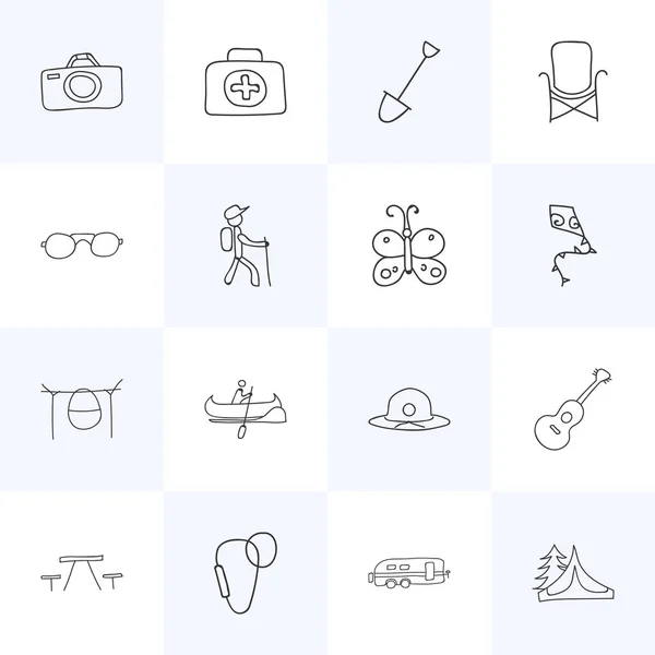 Set van 16 bewerkbare reizen iconen. Bevat symbolen zoals Camper, schop, fotograferen en meer. Kan worden gebruikt voor Web, Mobile, Ui en Infographic Design. — Stockvector