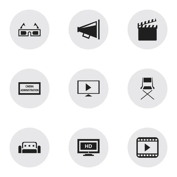 Zestaw 9 edycji ikon filmowanie. Zawiera symbole, takie jak głośniki, kanapa, krzesło i więcej. Mogą być używane dla sieci Web, mobilnych, interfejsu użytkownika i Infographic Design. — Wektor stockowy