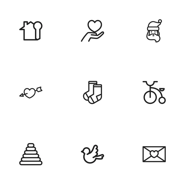 Набір з 9 для редагування сім'ї іконок. Включає в себе символи, такі як одяг, Velocipede, Дід Мороз та багато іншого. Може використовуватися для веб, мобільні, призначеного для користувача інтерфейсу і інфографіки дизайн. — стоковий вектор