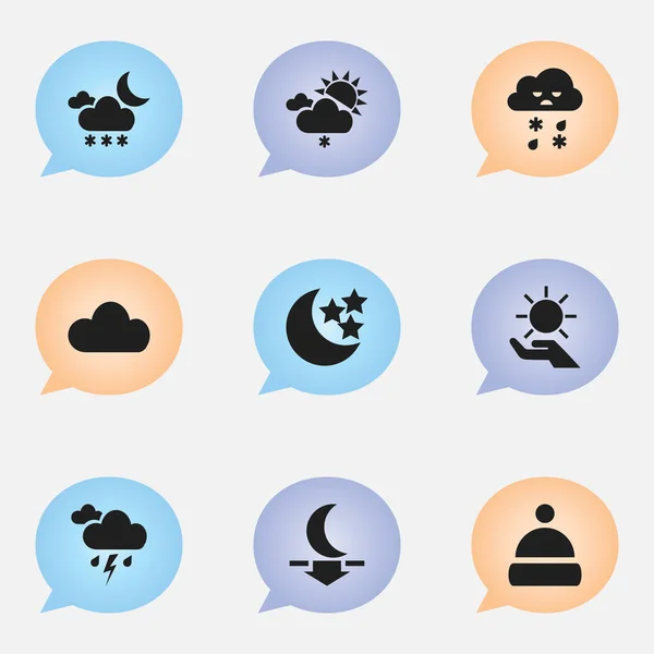 Satz von 9 editierbaren Wettersymbolen. beinhaltet Symbole wie Mondlicht, Mütze, Solarenergie in der Handfläche und vieles mehr. kann für Web-, Mobil-, UI- und Infografik-Design verwendet werden. — Stockvektor