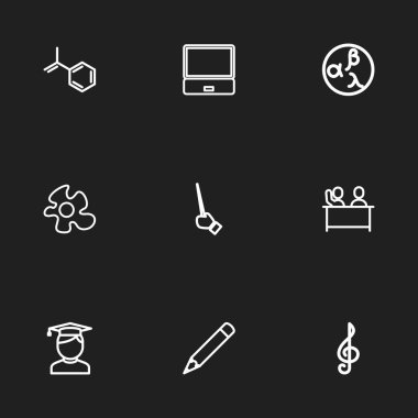 9 düzenlenebilir bilim anahat simgeleri ayarlayın. Kalem, gıda, el gibi simgeler içerir. Web, mobil, UI ve Infographic tasarımı için kullanılabilir.